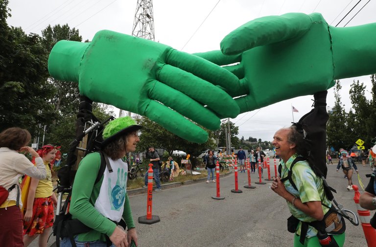 Seattle Green New Deal float at Fremont Solstice Parade. Photo by Alan Berner for The Seattle Times.